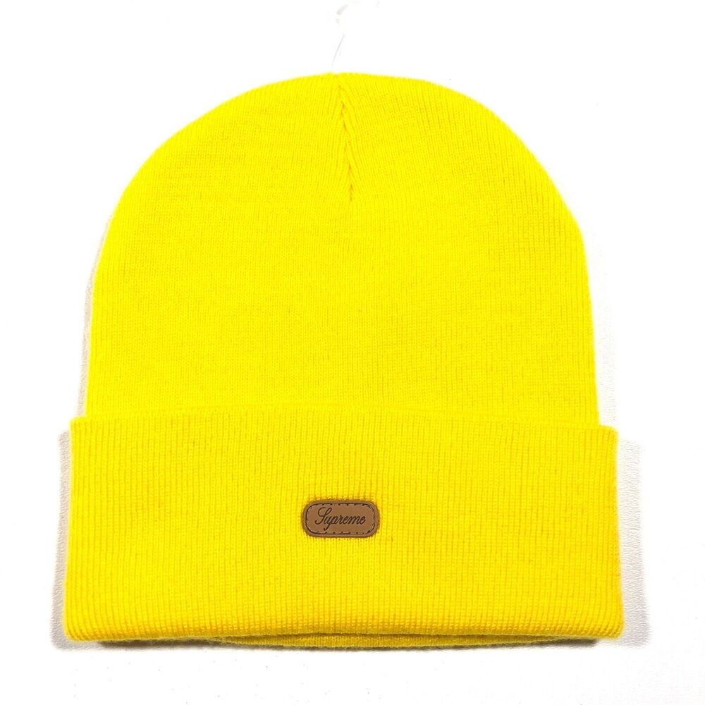 New FW14 Supreme Script Leather Patch Beanie Yellow Streetwear Rare H1